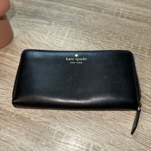 kate spade Black Leather Zip Around Wallet with Gold Logo